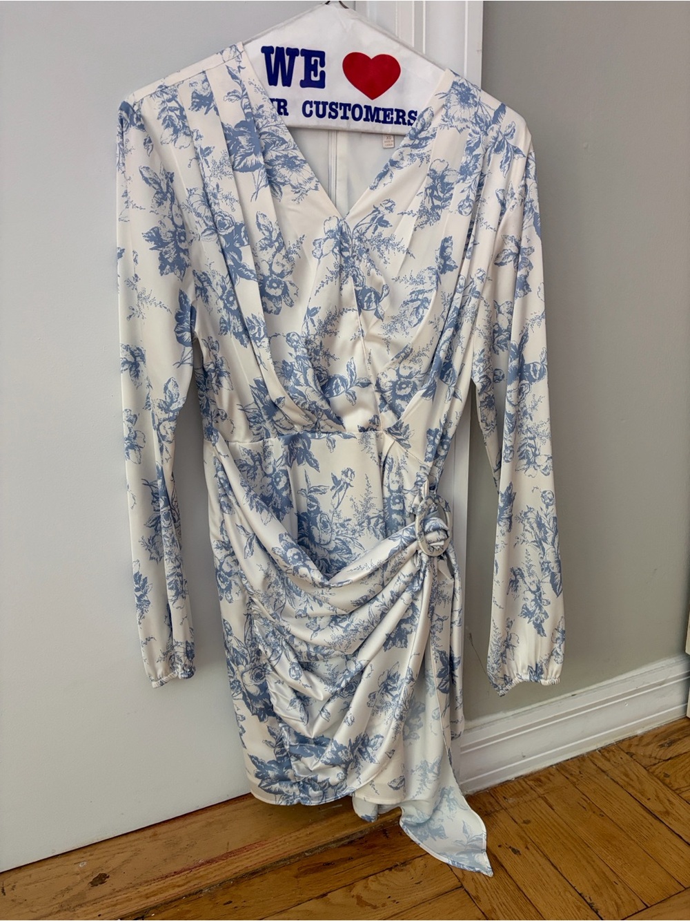 WAYF Long Sleeve Wrap Mini Dress in Ivory Toile / Blue Toile - Picture 3 of 5